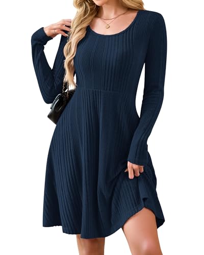 AUSELILY Langarm Strickkleid Damen Rundhalsausschnitt Pullover Kleid Gestrickt Herbstkleid Damen mit Taschen Marineblau M
