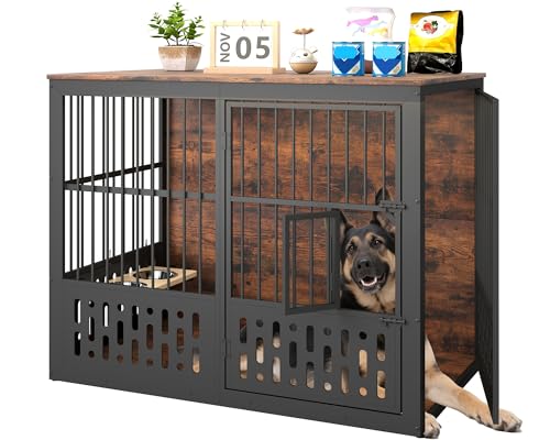 Yafylly 48 Inch XXL Dog Crate Furniture, Wooden Chewproof Dog Kennel with Interactive Window, 360° Adjustable Bowls (5 Heights), Storage Table Top, Heavy Duty XL Dog Crate for Medium Large Dogs, Brown