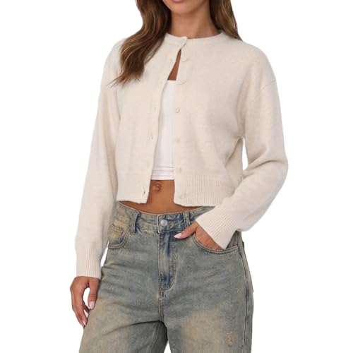 Image of Women Y2K Button Front Crop Sweater Cardigan Solid Color Crew Neck Long Sleeve Knit Fall Tops Streetwear