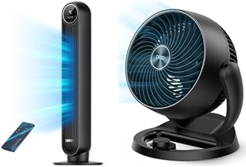 Bundle of DREO Tower Fan for Bedroom, 25ft/s Velocity Quiet Floor Fan, 90° Oscillating Fans with 4 Speeds, 4 Modes + DREO Fan for Bedroom, 12 Inches Table Air Circulator Fans for Indoor with 3 Speeds