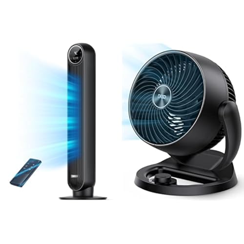 Bundle of Dreo Tower Fan for Bedroom, 25ft/s Velocity Quiet Floor Fan, 90Β° Oscillating Fans with 4 Speeds, 4 Modes + Dreo Fan for Bedroom, 12 Inches Table Air Circulator Fans for Indoor with 3 Speeds - Black - Tower Fan + Fan, DR-HAF002