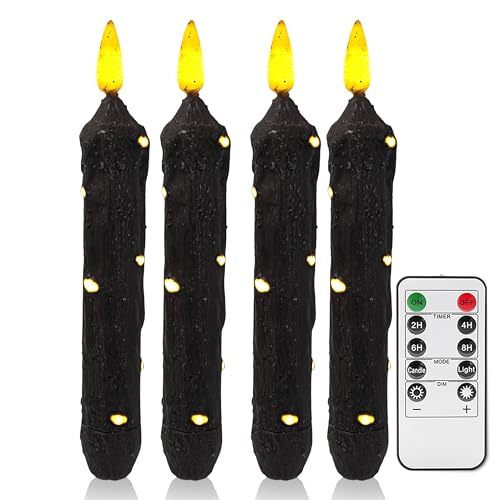 Image of 6.5 Inches Primitive Real Wax LED Flameless Short Candlesticks Hand Dipped Battery Operated Taper Candles with Timer Remote Candles for Halloween Vintage Rustic Home Decor, Pack of 4(Black)