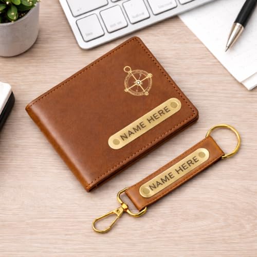 Image of Premium Customized Wallet & Keychain Combo for Men - Stylish Nexon Leather Gift Set with Personalized Name & Charm - Ideal Birthday, Anniversary & Festival Present (Tan Brown)