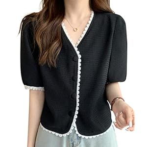 Sueeya Women’s Lace Shirt, Blouse, Puff Sleeve, V-Neck, Unevenness, Cute, Elegant, Slimming, Highly Versatile, Feminine, Stylish, Casual, Office, Short Sleeve, Top, Summer