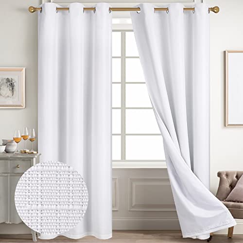 Diraysid 100% Blackout Curtains White Linen Curtains for Bedroom Grommet Thermal Insulated Room Darkening Drapes (2 Panels, W42 x L95 Inch)