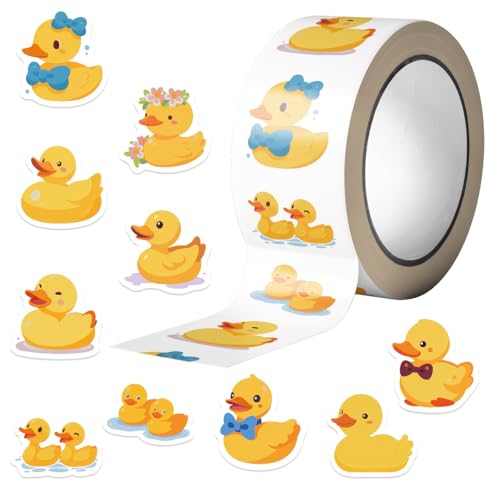 500 Rubber Duck Sticker Rolls, 10 Unique Designs, Waterproof Vinyl