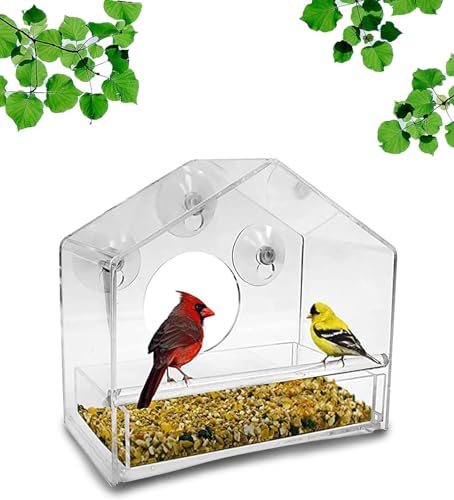 Nature Gear Window Bird Feeder with Strong Suction Cups, Clear Acrylic Window Mounted Bird Feeder, Removable Sliding Tray, Weather-Resistant, Durable, Squirrel-Resistant, House Style