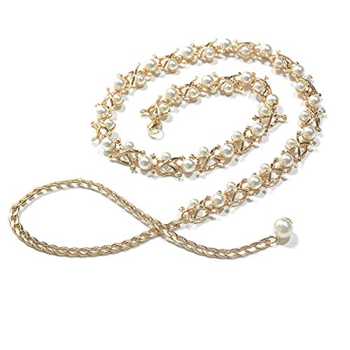 Song Qing Women Waist Strap Imitation Pearl Metal Chain Tassel Decorative Belt Fashion Belly for Jeans Dresses Gold