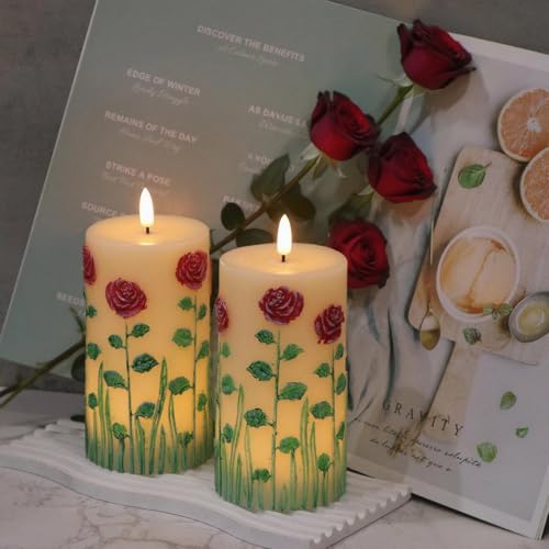 Image of Eldnacele Rose Flameless Candles with 6 Hour Timer, Battery Operated Hand Painted 3D Wick Flickering Real Wax LED Pillar Candles for Spring Dinner Christmas Holiday Decor((2Pcs, D3xH6.5)