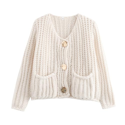 Image of Chevara Women's Cropped Knit Cardigan Long Sleeve Crewneck Button Down Fall Sweater with Pockets(0113-White-S-CW)