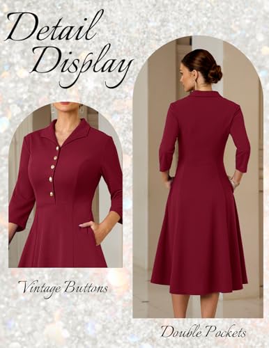 DRESSTELLS Women's Cocktail Vintage Dresses, Modest Wedding Guest Bridesmaid Church Party Fit and Flare Business Midi Dress, 3/4 Sleeve Valentine Dress Burgundy L — view 4