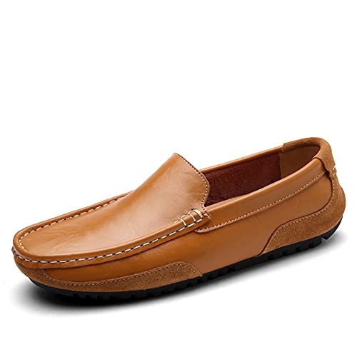 Mens Loafers Genuine Leather Round Toe Stitching Details Comfortable Slip Resistant Lightweight Anti-Slip Flexible Driving Casual Slip-on