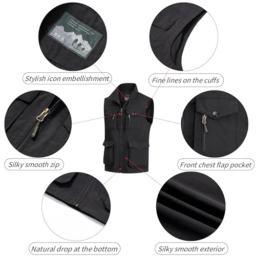 MeiLayM Herren Outdoor Weste mit Vielen Taschen Schnelltrocknende Freizeitweste Leicht Anglerweste Sommer Atmungsaktiv Ärmellose Jacke Sport Multifunktionsweste Camping Fotografie Weste Schwarz,XXL