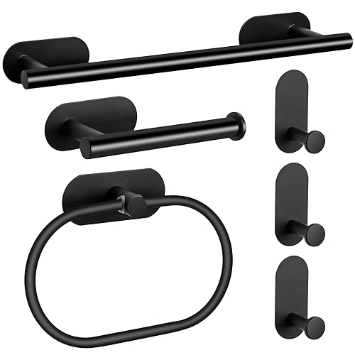 JiGiU Black Towel Rail Wall Mounted 6 Pieces Bath Accessories Kit Hand Towel Holders, Toilet Roll Holder, Towel Ring, Towel Hooks For Bathrooms & Kitchen Stainless Steel Self Adhesive - No Drilling