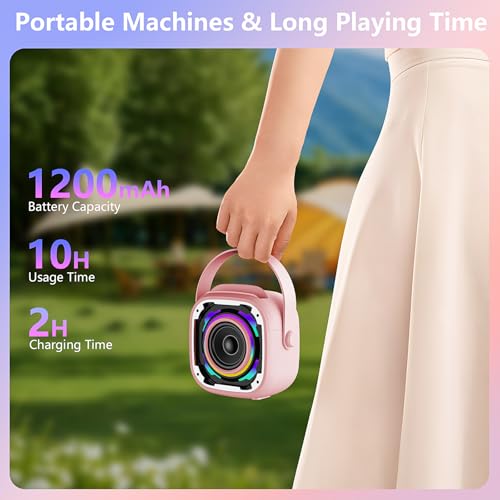PKBD Mini Karaoke Machines 2 Microphones For Kids, Portable Wireless Bluetooth Speaker with Phone Holder/Dynamic Light/Voice Changer Effects, Karaoke Machine Gift for Girls Boys, Pink - Image 4
