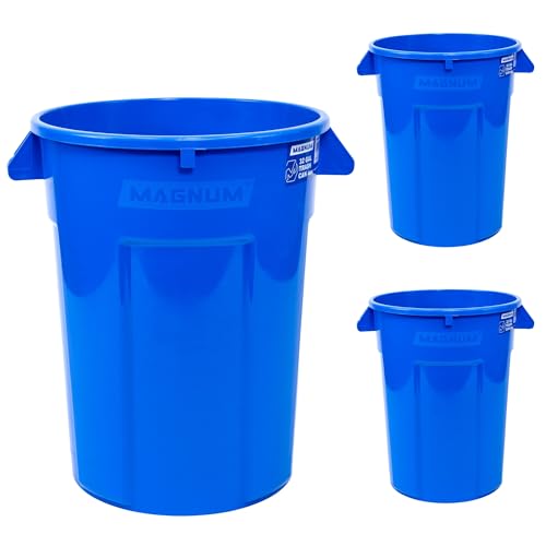 Magnum 32 Gallon Trash Can, High-Vis Blue, Construction Grade, Heavy Duty Plastic, Jobsite Ready for Holding Garbage and Recycling CMTC-C000-32B03 (3 Pack)