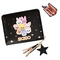 Stray Schwarz Mädchen Geldbeutel für Stay, Stray PU Leder Portmonee mit Reißverschluss und Stern Anhänger, Skzoo Kinder Portemonnaie mit 1 SKZ 3D Aufkleber und 2 SKZ Photocard