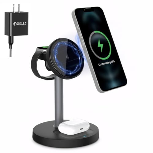 [2025] 3-in-1 Wireless Charging Station for iPhone 16/15/14/13/12, Apple Watch 9/Ultra 2, AirPods | 20W Fast Charger, Mag-Safe Compatible, Bedside Dock with 20W Power Adapter (Black)