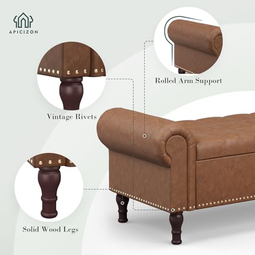Apicizon 51” Bench with Storage, Upholstered Tufted Button Window Bench with Plenty Hidden Storage Space, Faux Leather Ottoman Bench for Bedroom, Living Room, Entryway, Vintage Brown