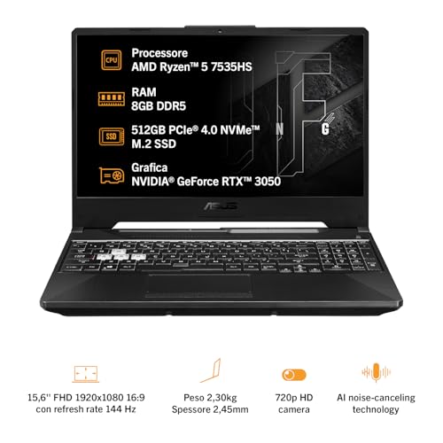 TUF Gaming A15 FA506NC#B0CQ2TYTYT, Notebook con Monitor 15,6" FHD Antiglare, 144Hz, Processore AMD Ryzen 5 7535HS/H, RAM 8GB, 512GB SSD PCIE, NVIDIA GeForce RTX 3050 4GB, Win 11 Home, Nero - Notebook - Immagine 1