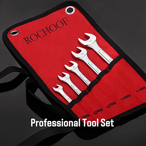 Rochoof Metric Combination Wrench Set,5-Piece 8,10,12,14,17Mm Combination Wrenches 12-Point Chrome Vanadium Steel Wrench Set With Rolling Pouch #TOP6