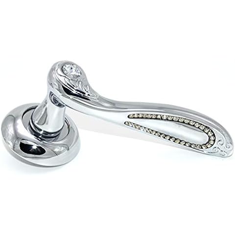 Chrome & Satin External Internal Door Handle Diamante Crystal Lever on Rose (Handles Only) Cover