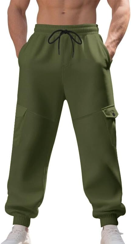 Men's Drawstring Cotton Joggers Heavyweight Casual Loose Fit Winter Outdoor Sweatpants with Multi Pockets