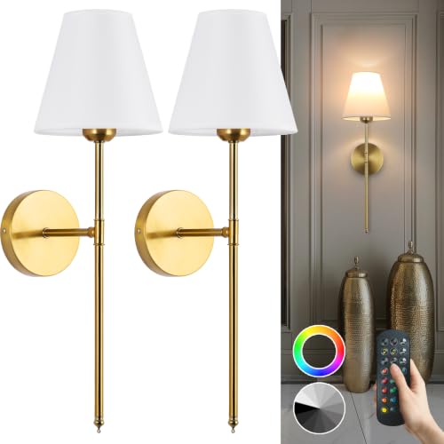 Image of Battery Operated Wall Sconce Set of 2, 15 Colors Wireless Wall Light With Dimmable Remote Control Last 18-50 Hours, Gold Rechargeable Wall Lamp With White Fabric Shade For Living Room Bedroom Hallway