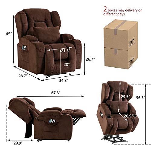 Obbolly Power Lift Recliner Chair For Elderly,Beibei Velvet Fabric Heat Massage Chair Recliner With Whell For Living Room,Soft Lazy Single Sofa With Lumbar Pillow, Side Pockets, Usb Ports,Brown #TOP2