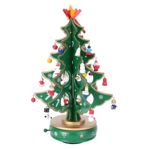 Cabilock Albero di Natale classico carillon in legno con meccanismo a orologeria, albero di Natale con ciondolo a forma di pupazzo di neve in miniatura, fatto a mano, scatola melodia ornamentale per