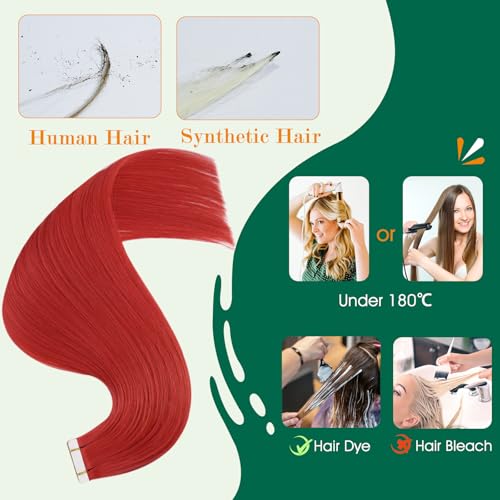 Image of Easyouth Tape in Hair Extensions Red Tape in Human Hair Extensions Red Human Hair Tapes in Extension for Highlight Hairstyle 14 Inch 40g 20pcs
