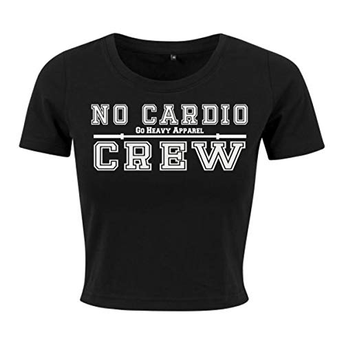 GO HEAVY Damen Sport Cropped Tee | Fitness Gym Yoga Crop Top | Work-Out T-Shirt | No Cardio Crew | Schwarz XS