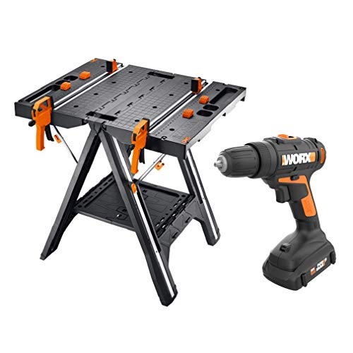 WORX Pegasus Multi-Function Work Table and Sawhorse with Quick Clamps and Holding Pegs – WX051 with Power Share Drill/Driver with One Battery