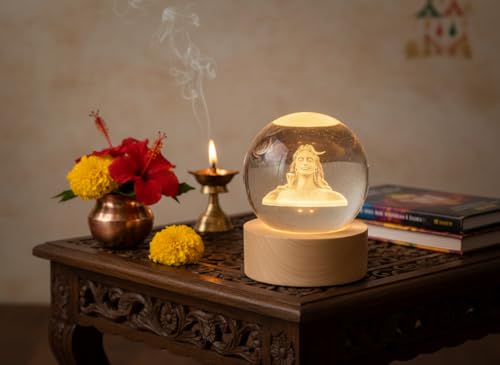 Image of 3D Crystal Ball Night Lamp - LED USB Decorative Light with Wooden Base - Laser Engraved Adiyogi Design for Home Decor & Gifting