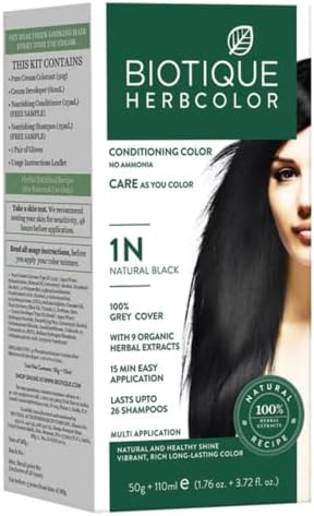 Biotique Bio Herbcolor 1N Natural Black, 50 g + 110 ml (Conditioning Color No Ammonia) I With 9 Organic Herbal Extracts I Last up to 26 Shampoo (1N Natural Black)