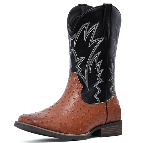 Image of IUV Cowboy Boots For Men Western Ostrich Wide Embroidered Pull On Boots | Durable & slip-resistant pull-on boots, Fashionable embroidered design, Vintage style for men, stylish for casual.