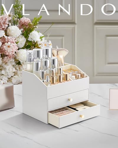 Vlando Make up Organizer mit 3 Schubladen, Schminktisch Organizer, Kosmetik Organizer, Schmink Organizer für Badezimmer, Dresser Skincare, Weiß