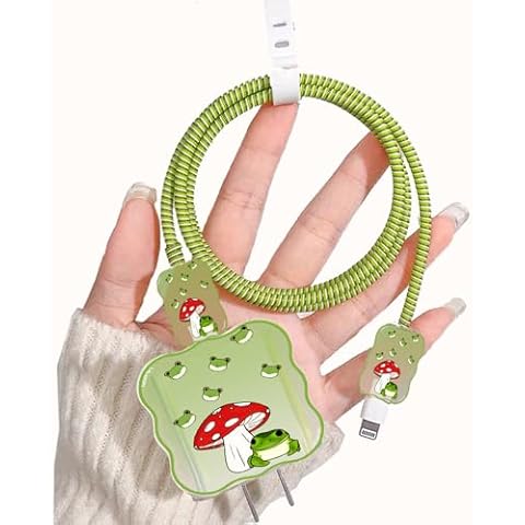 LALAPOPO Cute Wave Cable Protector Compatible for iPhone Charger Adapter with Green Frog Mushroom Design,Data Line USB Cover Wire Cord Saver Lightning Cable Case for iPhone Charger Cover