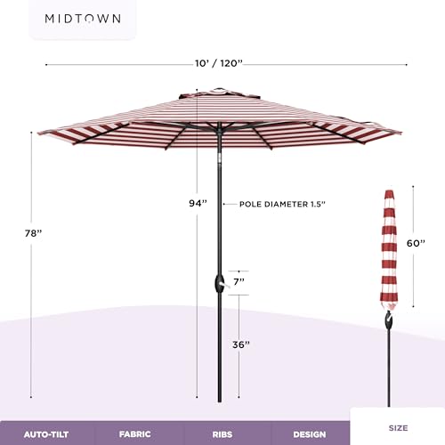 Image of Midtown Umbrellas - 10-Year-No-Fade 10 Ft Patio Umbrella with Terylast Fabric, Auto-Tilt Aluminum Frame and 8 Reinforced Ribs for Deck, Pool, Garden & Beach - Red /White Stripes Canopy, Black Pole