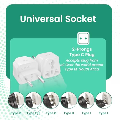 Image of rts EU Euro Europe Plug Adapter, Grounded European Travel Adapter for Spain Germany France Portugal Greece Russia Netherlands Turkey More for Cell Phones, Laptop Camera Chargers (1 Pack) White
