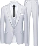 WULFUL Men's 3 Piece Slim Fit Suit Set Two Button Blazer Jacket Vest Pants Tuxedo Set for Party, Wedding and Business White