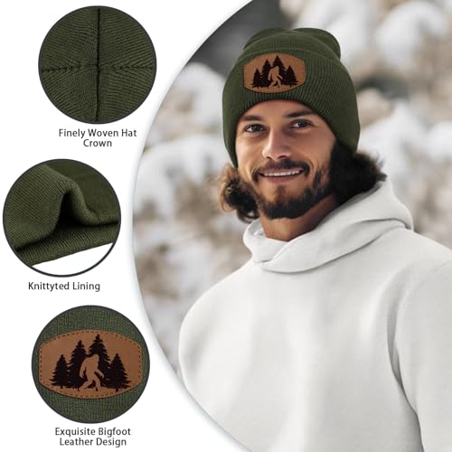 Image of Big Foot Beanie Hat, Sasquatch Leather Patch Winter Knit Skull Cap Bigfoot Gifts for Adult Men Women