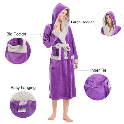 Image of Inner Wish Women Hooded Plush Robe, Fleece Highly Absorbent Cozy Warm Bathrobe