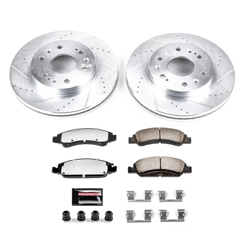 Power Stop Front Brake Kit For 08-20 Cadillac Escalade, 07-18 Chevy Silverado 1500, 08-20 Tahoe, 07-18 GMC Sierra 1500, 08-20 Yukon - Drilled Slotted Rotors & Ceramic Brake Pads Replacement, K2069-36