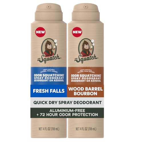 Dr. Squatch Spray Deodorant for Men - Quick Dry No Stains - Aluminum Free + Dermatologically Tested for All Skin Types - Fresh Falls + Wood Barrel Bourbon (4 oz 2-Pack)