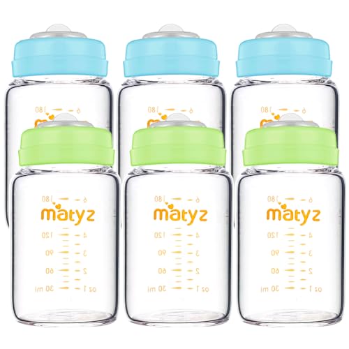 Image of Matyz Glass Breastmilk Storage Bottles, 6 Pack, 6 oz, Sturdy Glass Bottle for Milk Freezing and Baby Feeding - Pumping Bottle for Philips Medela Spectra Breast Pumps - No BPA (3 Green & 3 Blue Lids)