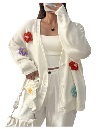 Image of MakeMeChic Women's Plus Size Appliques Flower Button Down Cardigan Sweater Long Sleeve Loose Cute Outwear White 1XL