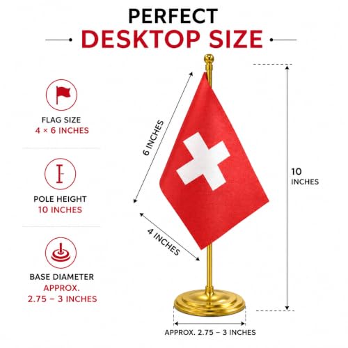 Image of The Flag Company Gold Acrylic Pole with Round Base | Desk Flag for Office, Reception & Home Decor (Switzerland)