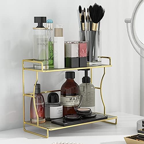 Eventualx Makeup Organizer Shelf, 2 Tier Cosmetic Storage Basket with Glass Tray, Wire Vanity Storage Organizer Rack for Dresser, Countertop, Bathroom and More 29X15X23.3cm