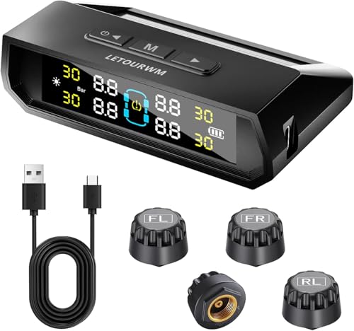LETOURWM RV Tire Pressure Monitoring System (TPMS) - TPMS Sensors Set of 4 & 6 Alarm Modes, | Solar/USB Type-C | LCD Display,IP68 | for RV/Truck/SUV/MPV/Sedan | TPMS Kit